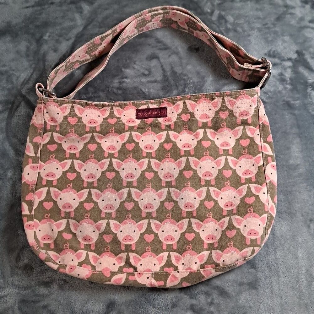 Bungalow 360 Pink Pig Tote Purse Bag  Canvas Adjustable Strap Polka Dot Farm